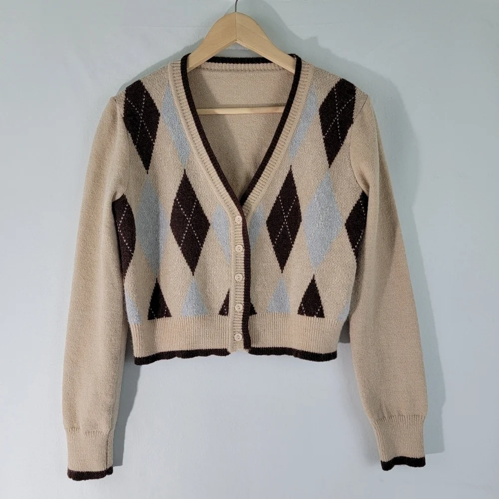 Y2K Women's Button-Up Cropped Cardigan Sz S/M Preppy Academia Coquette Neutral